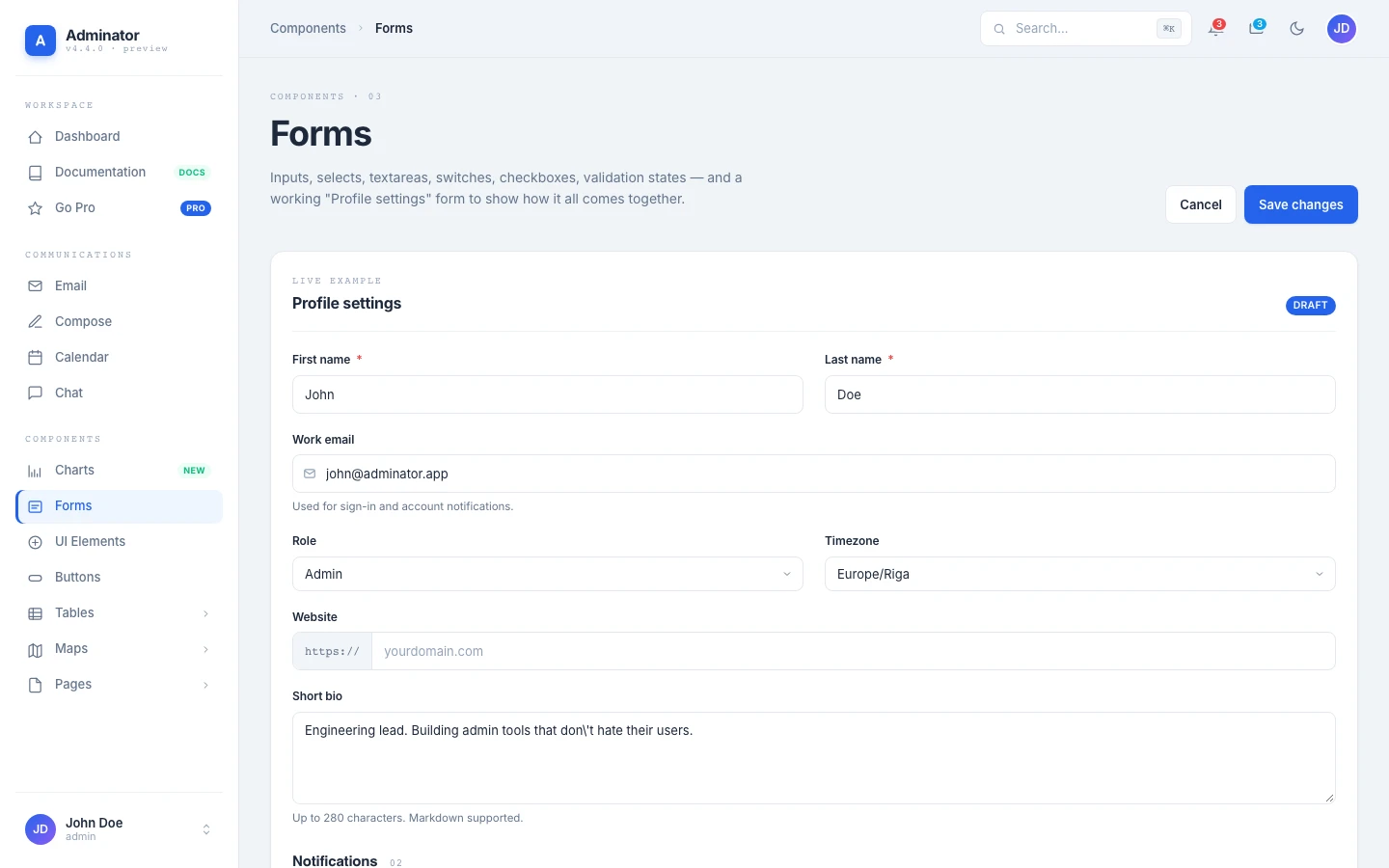 Adminator Forms page