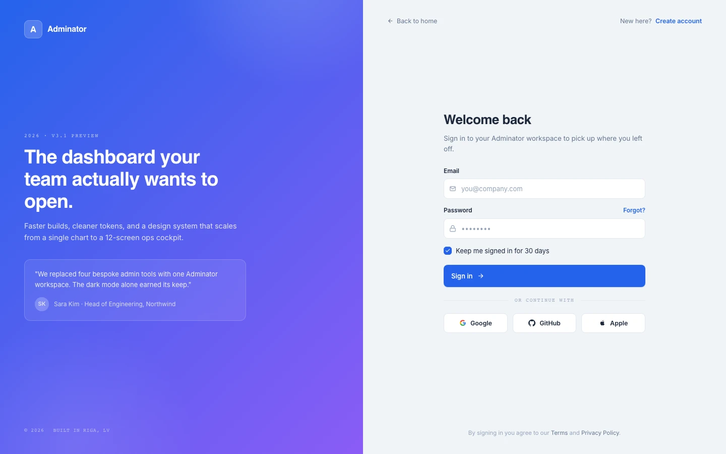 Adminator Sign In page